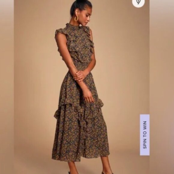 NWT Lulus- Evalina Mustard Yellow Floral Print Mock Neck Midi Dress - Picture 3 of 5